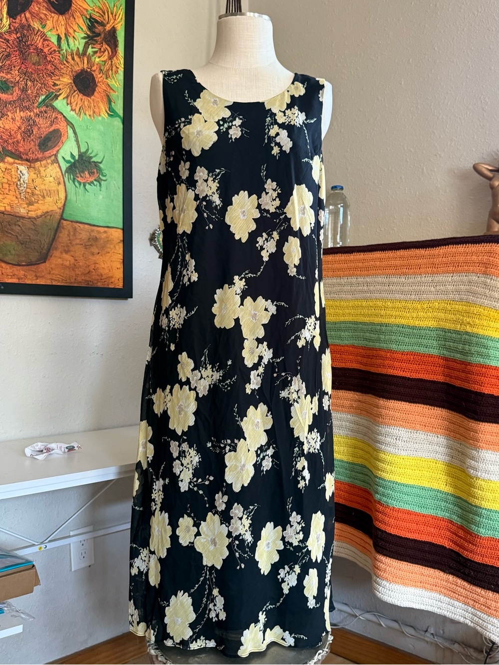 Studio I Black Sleeveless Dress with Yellow Floral Pattern